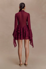 Nimah Chiffon Ruffle Mini Dress - Wine