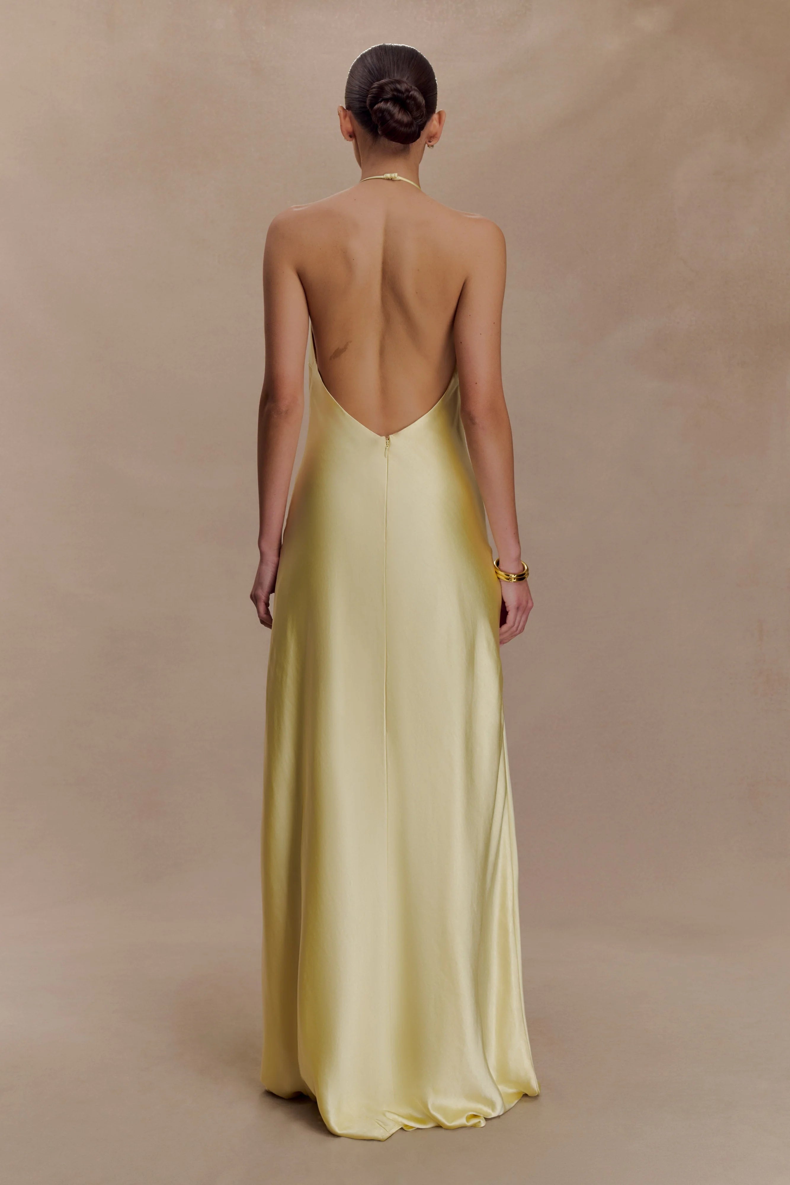 Bella Satin Halter Maxi Dress - Lemon